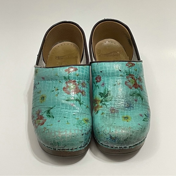 Dansko Teal Turquoise Floral Nurses Clogs 39 Dental Office Clinic Snakeskin - Picture 2 of 7